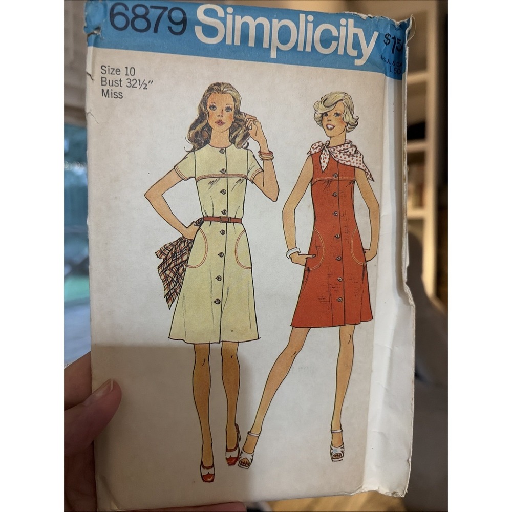 Vintage 70s Simplicity 6879 Top Stitch Button Front Dress Sewing Pattern 10 UC